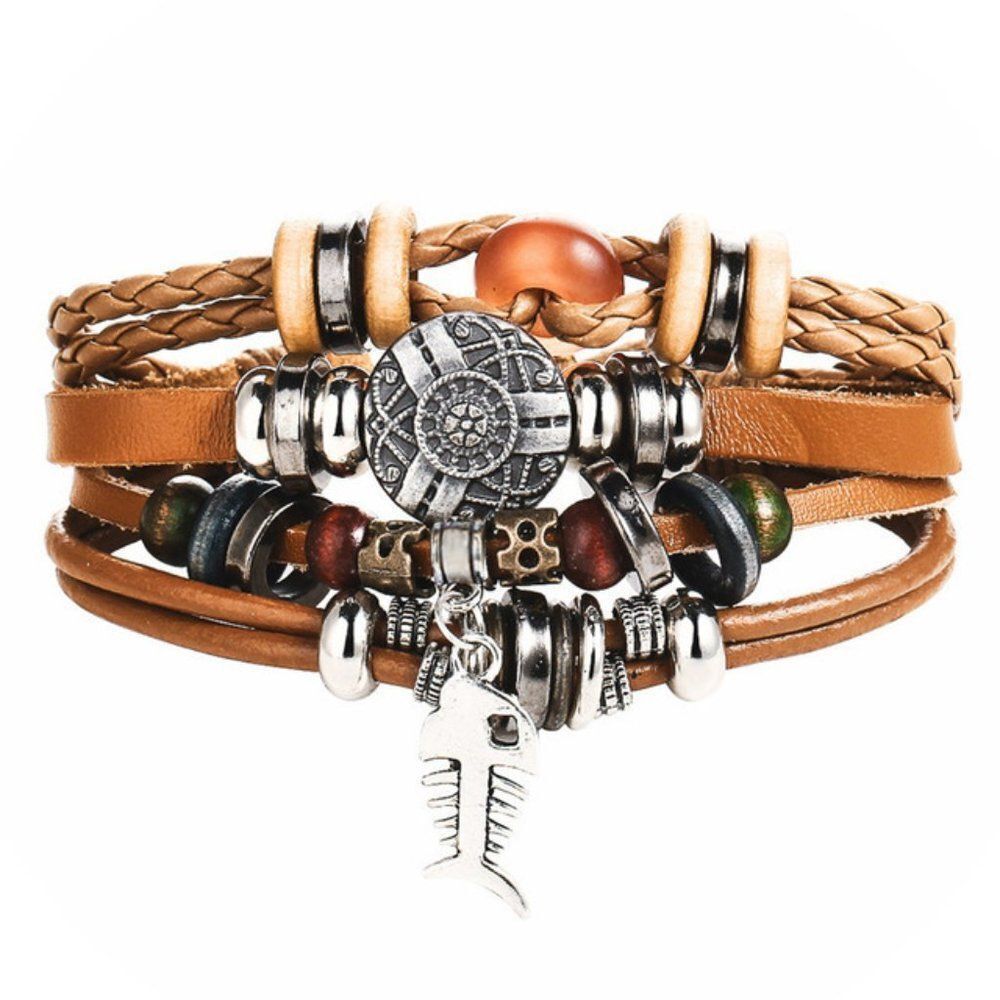 Punk Fishbone Brown Multi-layer Leather Bracelet